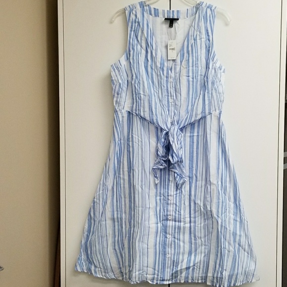 blue and white vertical striped dress